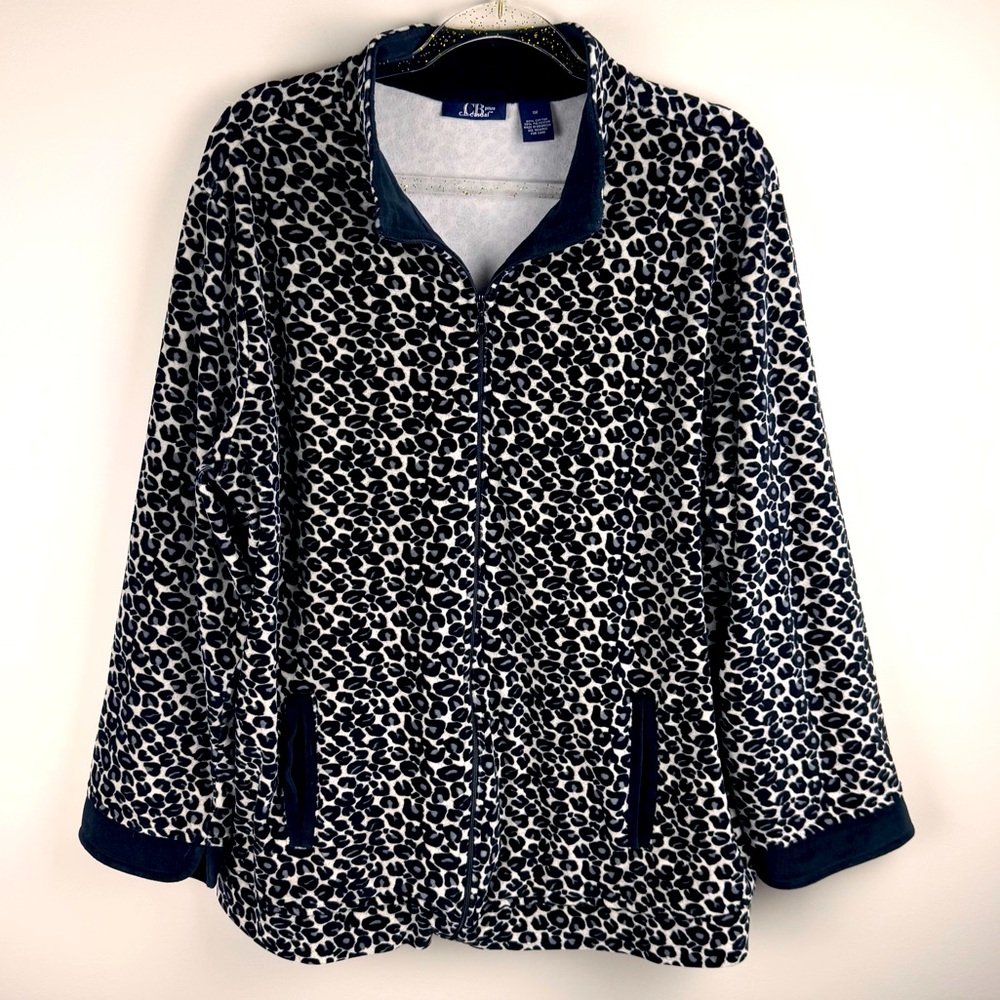 CB Plus Casual Women’s Sz 1X Full Zip‎ Animal Print Jacket Velour Soft Cozy